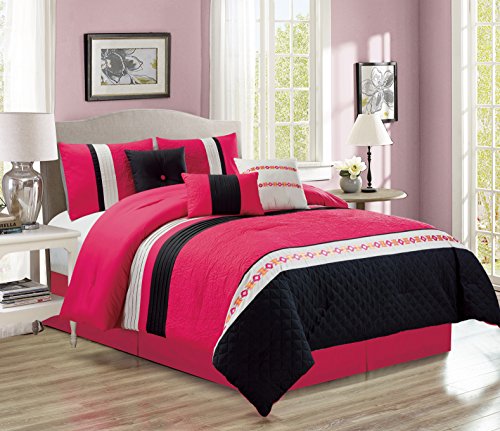 Empire Home 7 Piece Embossed Soft Oversized Comforter Set 21130 - Hot Pink & Black (Full)