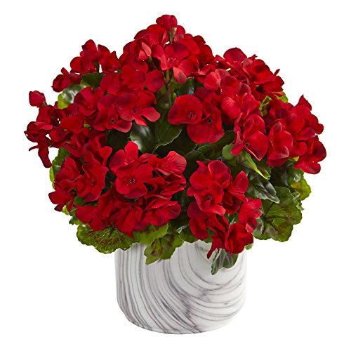 Nearly Natural 8149-RD Geranium Artificial Marble Finished Vase UV Resistant (Indoor/Outdoor) Silk Plants Red