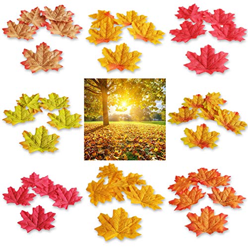 Topspeeder 400 Pieces 8 Colors Artificial Maple Leaves Assorted Mixed Fall Colored Maple Leaves for Weddings, Autumn Party, Events and House Decorating Thanksgiving Christmas Festival Decorations