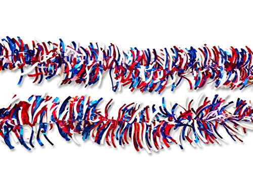 Patriotic Garland Decorations (2 Pack, 9 ft Each) - Tinsel in Metallic Red White and Blue for 4th of July Party, Veterans Day, Labor Day Holiday and More