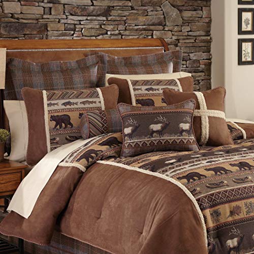 4 Piece Brown Cabin Themed Comforter Queen Set, Lodge Bedding Bears Fish Canoe Deer Forest Leaves Southwest Pattern Native American Rustic Animal Country, Polyester