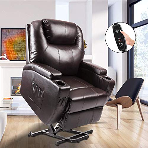 Power Lift Recliner, Fitnessclub, Electric Massage Recliner Sofa Full Body, Zero Gravity, Leather Lazy Boy Recliner with Remote Controller for Elderly, Father and Mother, Brown