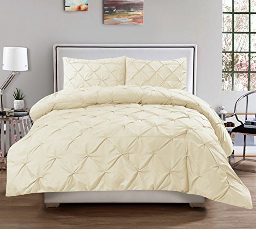 Hudson 3 Piece Pintuck Comforter Set Luxurious Pinch Pleat Wrinkle Resistant Oversized Bedding (Queen, Ivory)