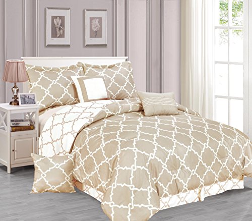 Empire Home Galaxy 7-Piece Comforter Set Reversible Soft Oversized Bedding White & Taupe (King)