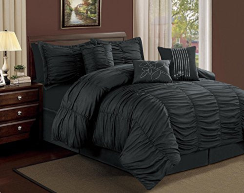 KingLinen 7 Piece Full Hermosa Ruffled Comforter Set Black