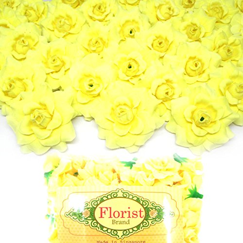 (100) Silk Light Yellow Roses Flower Head - 1.75 - Artificial Flowers Heads Fabric Floral Supplies Wholesale Lot for Wedding Flowers Accessories Make Bridal Hair Clips Headbands Dress
