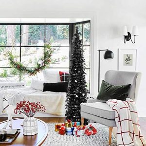 HOHOTIME Tinsel Christmas Tree 5ft, Detachable Artificial Black Christmas Pencil Tree, Slim Pop-Up Tree for Christmas Home Decor, Christmas Party Decorations