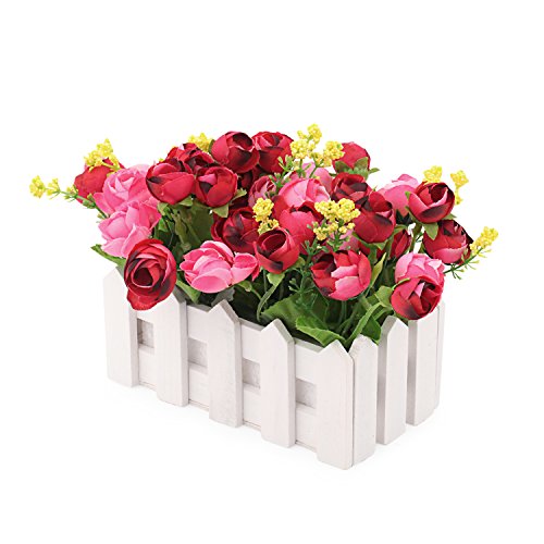 Louis Garden Artificial Flowers Fake Rose in Picket Fence Pot Pack - Mini Potted Plant (Red)
