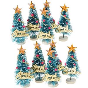 WarmShine 10 Pack Artificial Mini Christmas Trees Mini Pine Trees Frosted Sisal Trees Wood Base Home Party Decoration Ornament DIY Craft, Merry Christmas