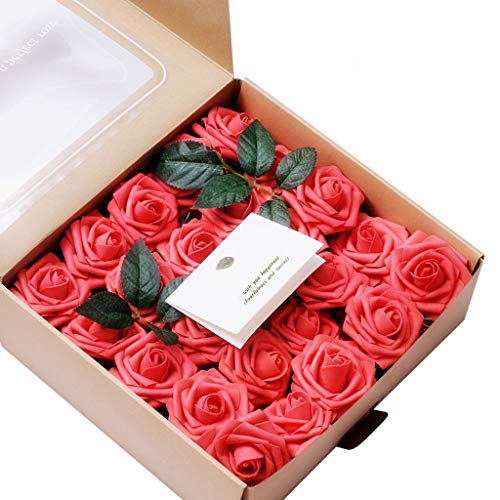 OhraWord Artificial Flowers Coral Roses,50pcs Artificial Flowers Roses Real Touch Fake Roses for DIY Wedding Bouquets Bridal Shower Party Home Decorations (Coral)