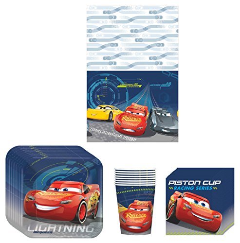 Disney Cars 3 Lighning McQueen Birthday Party Supplies Bundle Kit Including Plates, Cups, Napkins and Table cover - 8 Guests