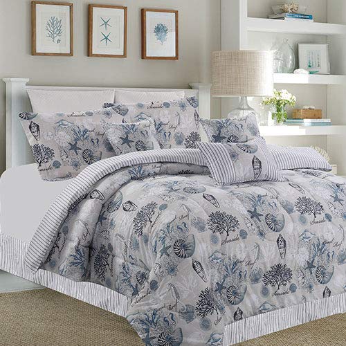 Island Living Gray, Blue & White Seashells, Nautical, Beach House Full Comforter Set (7 Piece Bed in A Bag) + Homemade Wax Melts