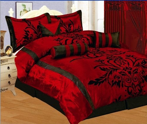 7 PC MODERN Black Burgundy Red Flock Satin COMFORTER SET / BED IN A BAG - FULL SIZE BEDDING