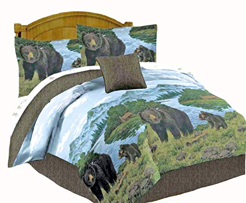 Rustic Cabin Lodge Black Bear & Cubs 9pc Comforter Set w/Sheets (Bed in A Bag) + (1) TOSS Pillow (Full Size)