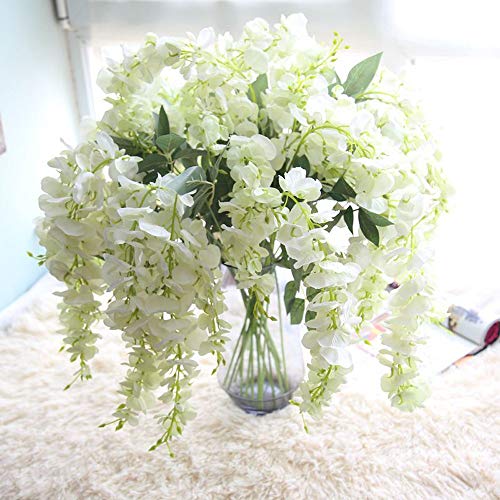 Fine Artificial Fake Flowers Silk Flower Wisteria Vine Garland Décor Wedding Home Garden Party Hanging Decorations (White)