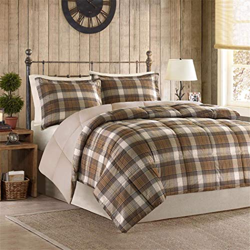 3 Piece Classic Cabin Brown Plaid Comforter Full Queen Set, Lumberjack Beige Taupe Tan Madras Plaid Bedding Lodge Pattern Hunting Themed Tartan Southwest Log Cottage, Cozy Warm Polyester