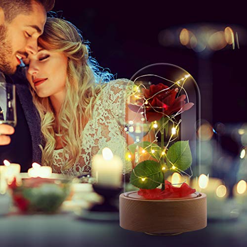 Ehugos Beauty and The Beast Rose Enchanted Red Silk Rose and Led Light with Fallen Petals in a Glass Dome on a Wooden Base Gift for Her on Valentine's Day Anniversary Birthday Wedding with Music