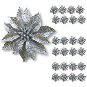BANBERRY DESIGNS Artificial Poinsettia Flowers - Set of 24 - 3 ? Silver Glittered Poinsettia Clip On Ornaments - Christmas Decorations - Decorative Floral Accessories