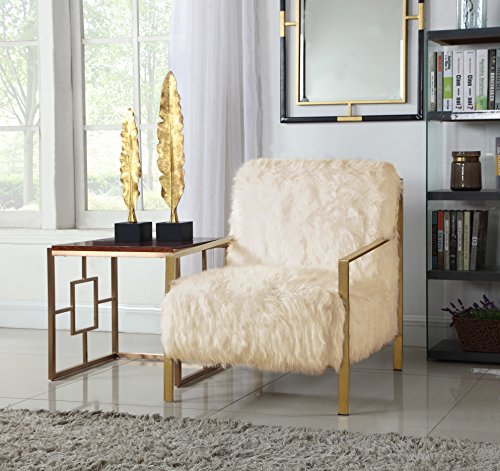 Iconic Home Bayla Accent Side Chair Sleek Stylish Faux Fur Brushed Brass Finished Stainless Steel Frame, Cream