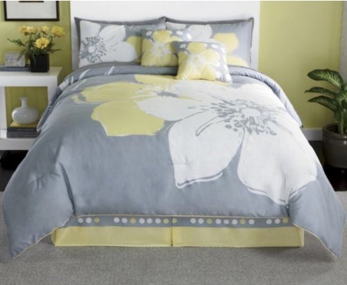 15 Pieces MARISOL Yellow Grey White Comforter Bed-in-a-bag Set QUEEN Size Bedding+Sheets+Pillows+Curtains