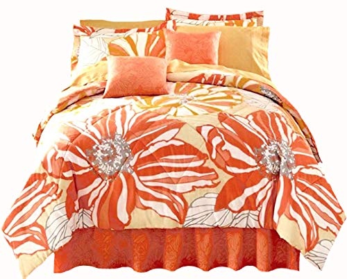 Coral Springs Flower Floral Burst Comforter Set with Sheets Multi Color Coral White Yellow Tan (8pc Queen Size (Bed in A Bag))