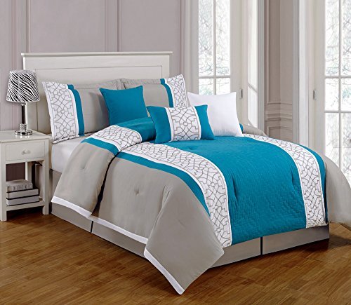 7 Pieces Luxury Turquoise Blue, Grey and White Quilted Linen Comforter Set / Bed-in-a-bag Full Size Bedding