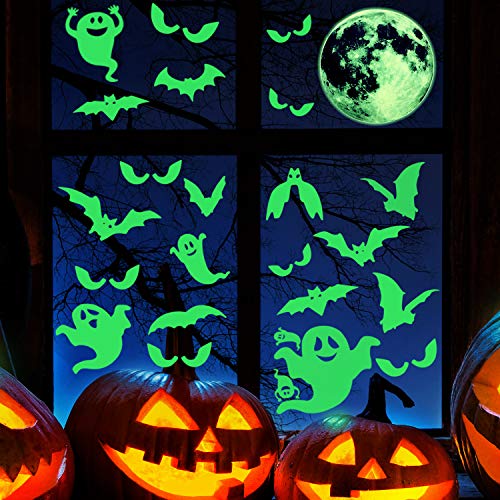 41 Pieces Halloween Luminous Decals Glow in Dark Wall Stickers Set, Weird Moon Bats Luminous Ghost Peeping Eyes Decorations for Halloween