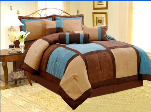 7 PC MODERN Aqua Blue Brown Patchwork Suede COMFORTER SET/BED IN A BAG-QUEEN SIZE BEDDING