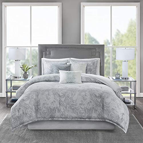 HNU 7 Piece Marble Comforter Set Cal King, Gray White Bedding Modern Contemporary Victorian Abstract Oversized Warm Cozy Comfy Luxurious Beautiful Decorative Alluring Soft Stunning Sateen Cotton
