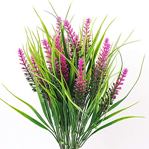 Yunuo 3PCS Artificial Green Grass with Romantic Lavender Fake Plant 7 Forks Flower Bouquets Party Wedding Home Table Decor (Purple)