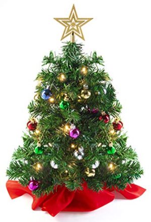 Prextex 22 Inch Tabletop Mini Christmas Tree Set with Warm-White LED Lights, Star Treetop and Hanging Ornaments for DIY Christmas Decorations