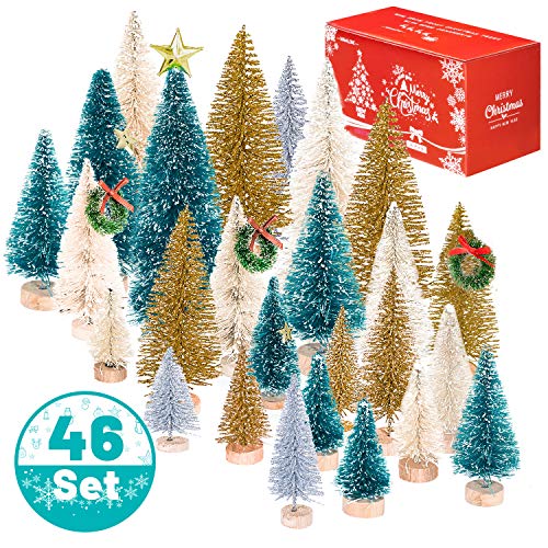Whaline 46 Set Mini Christmas Trees Artificial Frosted Sisal Trees, Bottle Brush Trees with Wood Base DIY Crafts Mini Pine Tree for Xmas Holiday Home Tabletop Decor Winter Ornaments