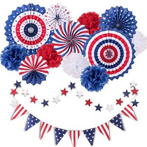 Whaline 14Pcs Patriotic Party Decorations Set, American Flag Party Supplies Hanging Paper Fans, Paper Flower Balls, Star Streamers, USA Flag Pennant Bunting Party Favors for American Theme Party
