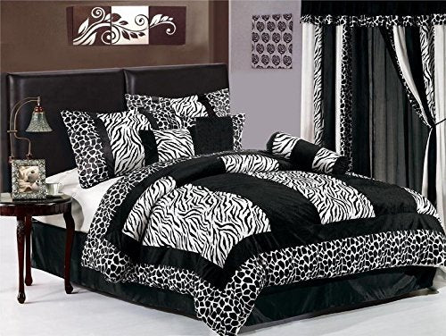 7 Piece Safari - Zebra - Giraffe Print Bed-In-A-Bag Black & White Micro Fur Comforter Set, Queen Size Bedding