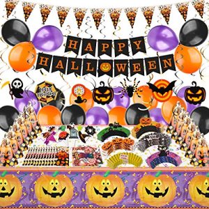 Halloween Party Decorations - 132pcs Halloween Party Favor Supplies Happy Halloween Decor Kit with Halloween Banner, Balloons, Table Cover, Party Hat, Swirls Decorations, Halloween Cupcakes Toppers