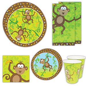 Blue Orchards Monkey Party Deluxe Party Packs (70+ Pieces for 16 Guests!), Monkey Baby Shower Supplies, Jungle Party Tableware