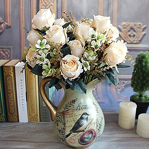 Soledi Artificial Flowers Earl Rose Bouquet Silk Arrangement Large Palace Rose -milk white (No Vase)