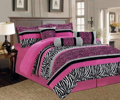 5 Pieces Comforter Set Hot Pink, Black and White Leopard Zebra Bed-in-a-bag TWIN Size Bedding