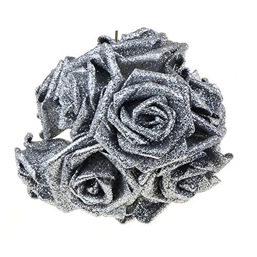 SUIE 10Pcs Artificial Fake Foam Rose Flowers Bridal Wedding Bouquet Decoration Bunch Decor (Silver)