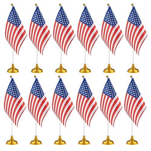 Juvale 12-Piece US Flags - American Flags Stand, USA Flags Desk, Table Decorations, 8 x 5.5 inches