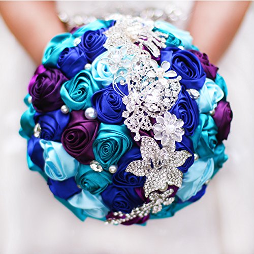 IFFO Bride with flowers, new arrival Romantic wedding Colorful Rose Bride Bouquet, Royal blue teal purple bridal brooch bouquets (10 inch)