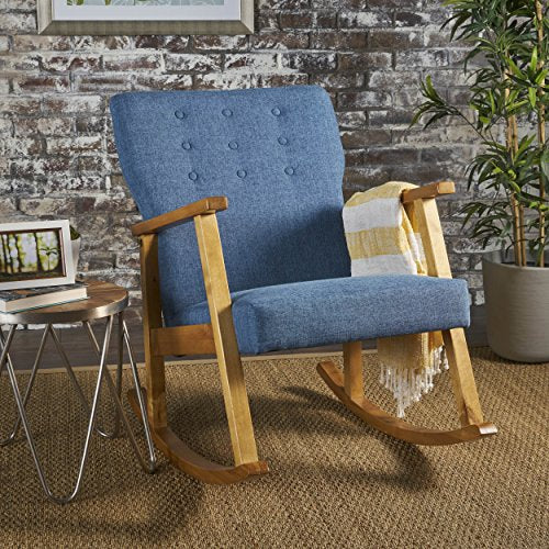 Christopher Knight Home 302189 Hank Mid Century Modern Muted Blue Fabric Rocking Chair, Light Walnut