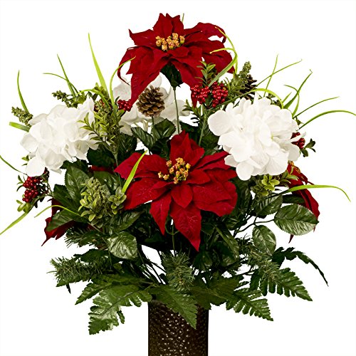 White Hydrangea and Red Poinsettias Artificial Bouquet, featuring the Stay-In-The-Vase Design(c) Flower Holder (MD1813)