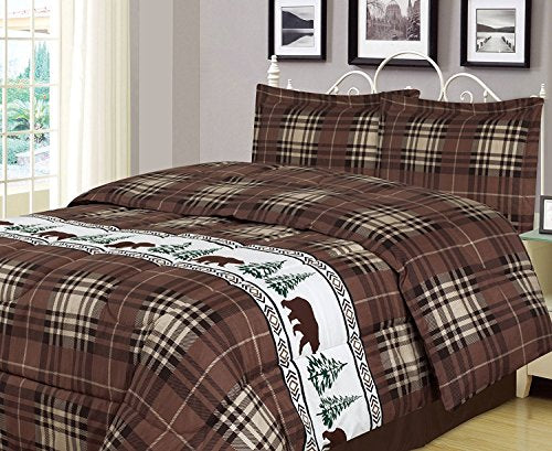Plaid Bear Full/Queen Comforter 3 Piece Bedding Set Rustic Cabin Lodge