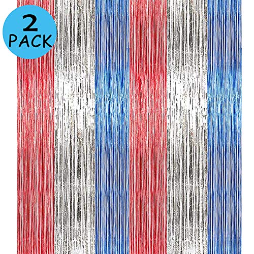 2Pack 4th of July Foil Fringe Curtains Tinsel Garland Independence Day DIY Blue Red Party Photo Booth Props Backdrop Door Wall Decorations