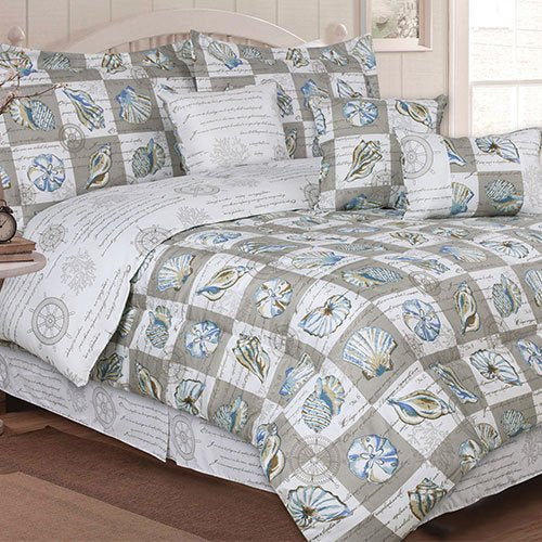 Island Living Blue, Tan & White, Seashells, Beach House Nautical Full Comforter Set (7 Piece Bed in A Bag) + Homemade Wax Melts