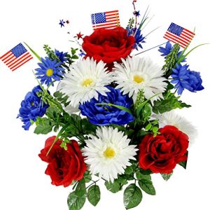 Admired By Nature GPB4340-RD/WT/BL Faux Peony Daisy Mixed Flower with American Flags, Red/White/Blue