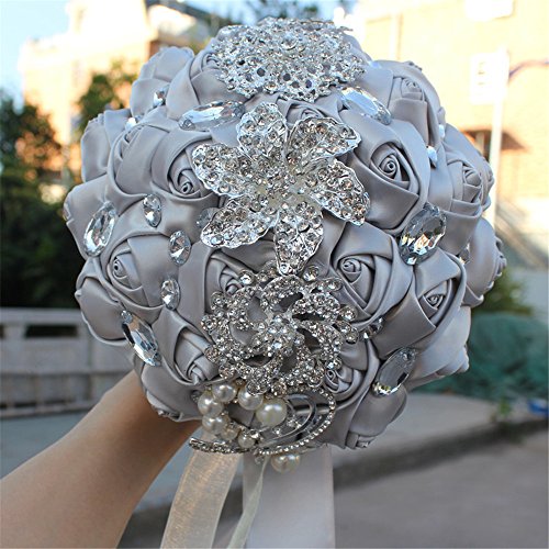 Hand Made Silk Rose Wedding Bouquet,Rhinestone Brooch Wedding Bouquets Customization Pearls Bride Holding Flowers (Silver)
