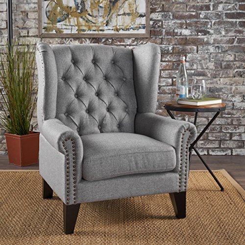 Christopher Knight Home 302087 Laird Traditional Winged Fabric Accent Chair, Grey/Dark Brown