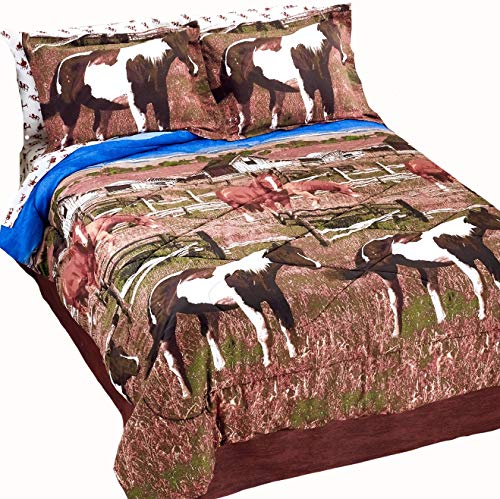 Country Living Pinto Paint Show Horses & Ponies Out to Pasture Brown Comforter Set w/Sheets (8pc Queen Size)